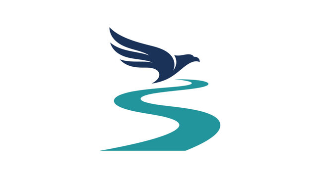 Minimalist eagle bird soaring over a winding river path blue and teal vector logo icon