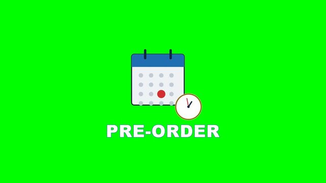 4K green screen PRE-ORDER animated title - a calendar pops up, a day highlights and a clock ticks, kinetic typography motion graphics intro overlay, chroma key