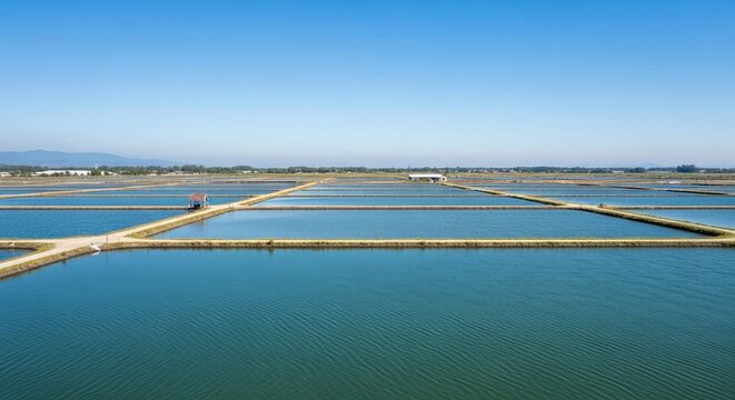 Expansive aquaculture ponds for shrimp farming under a clear blue sky, showcasing modern food production.