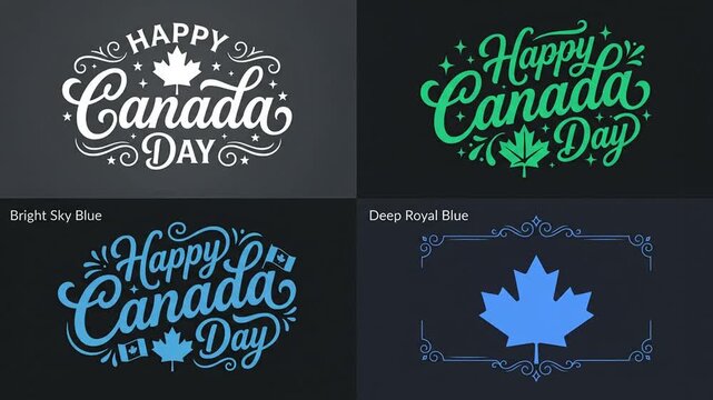 Animated Canada Day greetings, maple leaf designs with changing colors and typography
