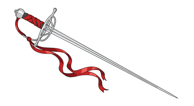 Detailed illustration of a silver rapier sword with a decorative red ribbon tied around the hilt on a white background.