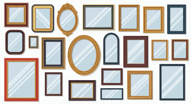Multiple empty picture frames in diverse shapes and styles are arranged artistically on a white wall to create a unique gallery display.
