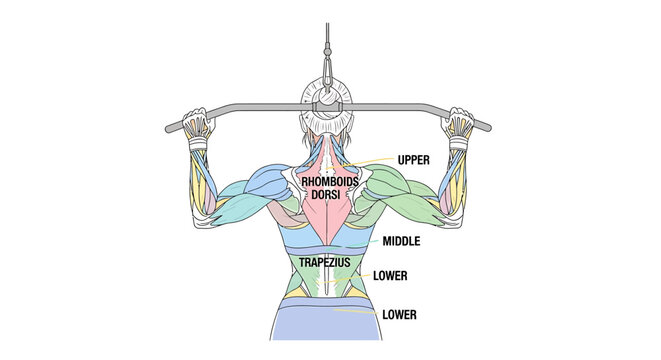 Anatomical diagram of back muscles showing trapezius and rhomboids during lat pulldown exercise.
