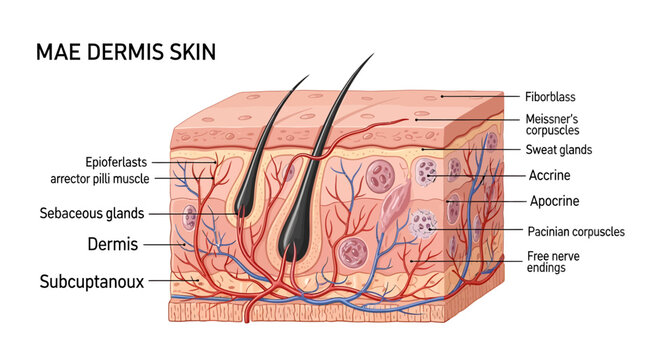 Anatomical cross section diagram of human skin layers showing epidermis dermis and subcutaneous tissue.