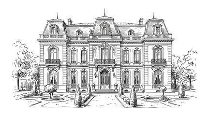 Obraz premium Elegant Mansion Facade Sketch, Classic Architecture, Grand Estate Drawing