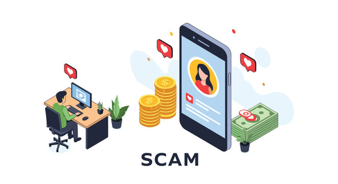 Conceptual illustration features a man working at a computer while a dating app profile on a phone is used for online financial scams.