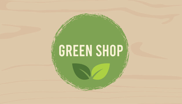 Green shop natural food product badge icon sticker on organic wooden board texture graphic background illustration.