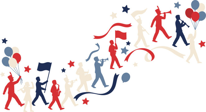 People joyfully celebrating with colorful flags and balloons in a festive parade scene outdoors with friends and family.