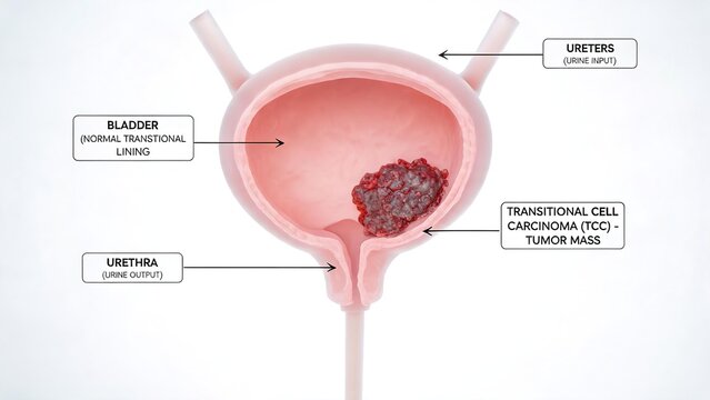 3D Cutaway Medical Illustration of Bladder Transitional Cell Carcinoma (TCC), Labeled Anatomical Diagram Showing Healthy Bladder Lining, Ureters, Urethra and Single Malignant Tumor Mass for Urology On