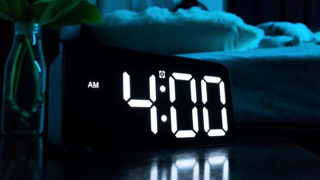 ​Man turning off beeping alarm clock at 4:00 am morning. Morning wake up concept