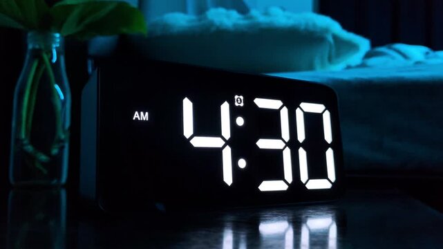 ​Man turning off beeping alarm clock at 4:30 am morning. Morning wake up concept