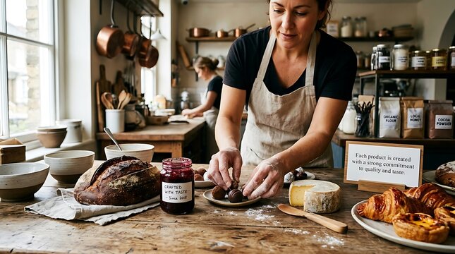 Baking and pastry making in a rustic bakery setting with a baker preparing ingredients