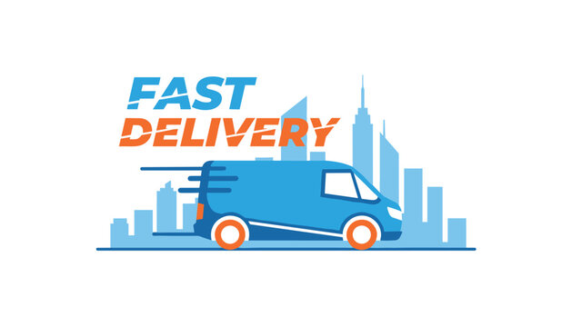 Fast delivery blue commercial transport van speeding on modern city skyscraper business office skyline background.