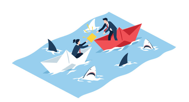 Business competition concept showing male and female professionals in paper boats navigating through shark infested waters.