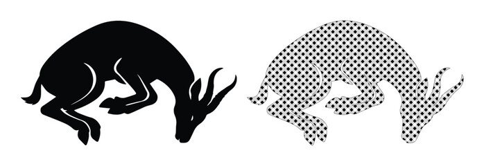 Stylized black gazelle vector illustration, two versions, solid and halftone pattern, elegant antelope silhouette for branding and design projects © Carter