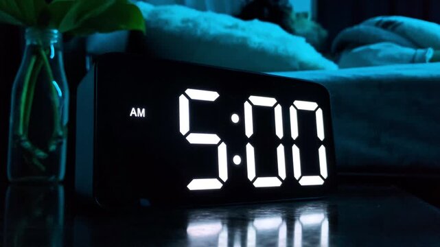 ​Man turning off beeping alarm clock at 5:00 am morning. Morning wake up concept