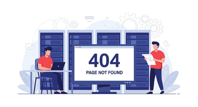 Information technology workers in a data center facing a 404 page not found error message on a large monitor screen.