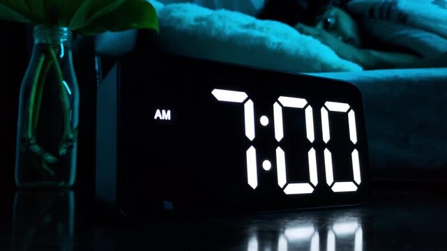 ​Man turning off beeping alarm clock at 7:00 am morning. Morning wake up concept