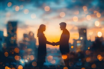 Fototapeta premium Silhouettes of a man and woman holding hands against a glowing city sunset with soft bokeh lights, intimate romantic connection at twilight
