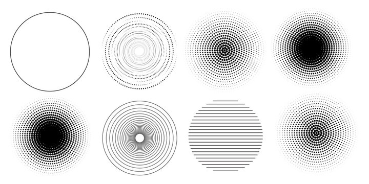 Black concentric circle set. Sonar or sound wave ring collection. Dotted and linear epicentre, target, radar icon concept. Ripple radial signal or vibration elements. Vector line and halftone symbols