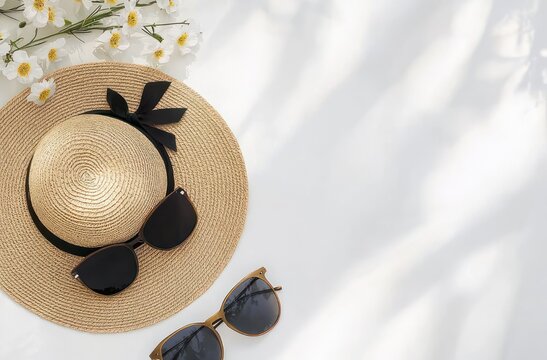 summer flat lay with straw sun hat with black ribbon, two pairs of sunglasses and white flowers on a sunlit surface conveying relaxed bright mood