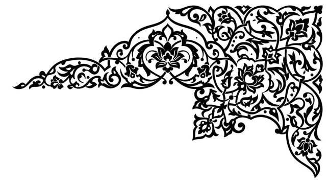 Vintage Islamic floral corner border, traditional Arabic arabesque ornament vector, black and white oriental filigree frame element