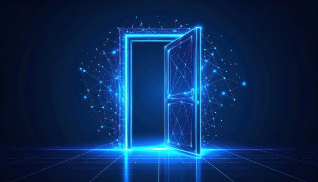 Futuristic digital door glowing bright blue opening into a virtual network space with a luminous grid floor