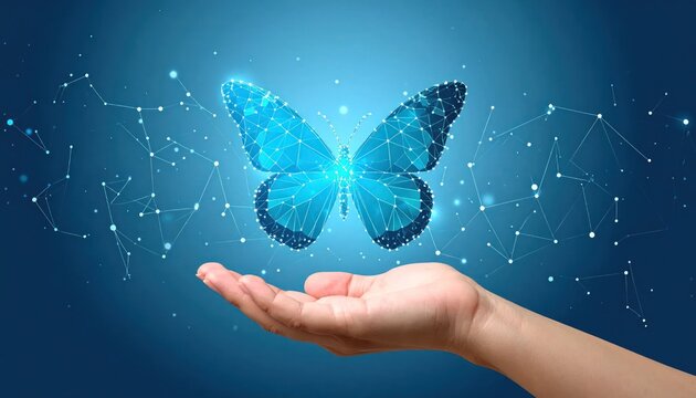 Futuristic glowing blue polygonal butterfly hovering above an open human hand connected by an abstract digital network representing technology innovation and interconnectedness.
