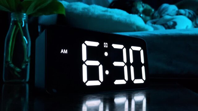 ​Man turning off beeping alarm clock at 6:30 am morning. Morning wake up concept