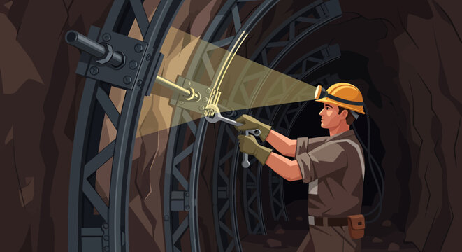 Illustration of a miner working underground in a dark tunnel tightening bolts on a metal support structure.