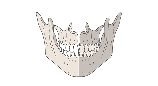 Anatomical illustration of the human jaw bone showing mandible maxilla and teeth structure.