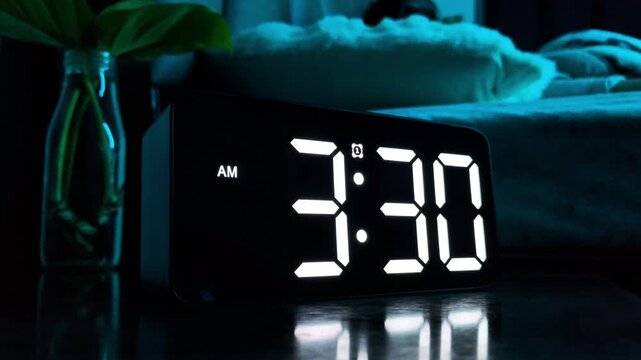 ​Man turning off beeping alarm clock at 3:30 am morning. Morning wake up concept