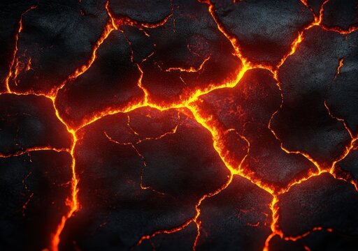 dark cracked volcanic crust with glowing orange molten lava seeping through fissures, intense fiery heat and ominous energy