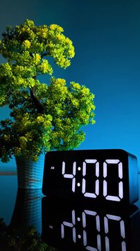 Modern digital alarm clock changing from 3:59 to 4:00 AM with reflection on dark blue background