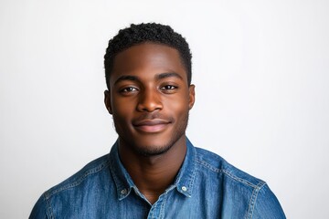 Obraz premium Head-and-shoulders portrait of a person with a blurred face, short curly hair, wearing a blue denim shirt against a plain white background, expression unreadable