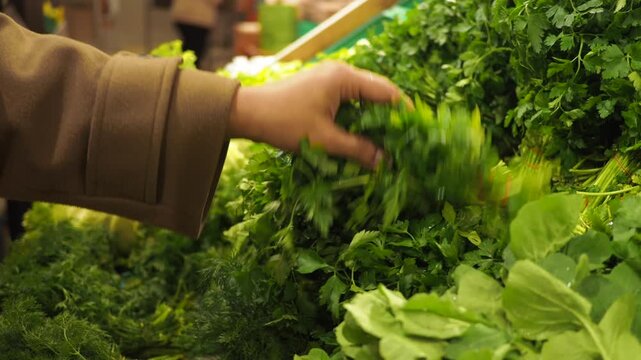 Person picks fresh herbs in market setting