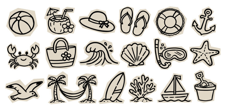 Hand drawn summer beach scrapbook doodle sticker collection featuring seaside icons, travel essentials, and vacation elements with bold outline style for creative designs