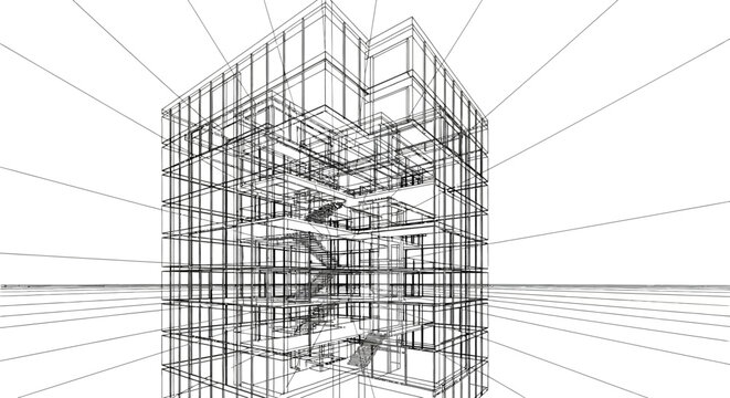Architectural wireframe blueprint of a modern multistory building showing stairs and structure