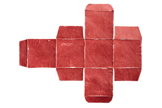 Unfolded Flat Red Cube Box Packaging Template with Grunge Scratched Texture