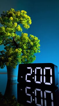 Modern digital alarm clock changing from 1:59 to 2:00 PM with reflection on dark blue background