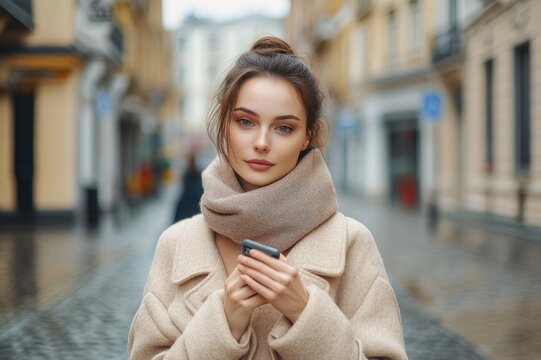 person bundled in beige coat and chunky scarf holding a smartphone on a wet cobblestone city street with blurred face, focused and contemplative mood on an overcast day