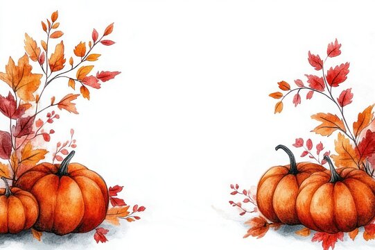 warm cozy watercolor autumn scene with orange pumpkins, red and orange leaves, branches and berries framing a blank white center