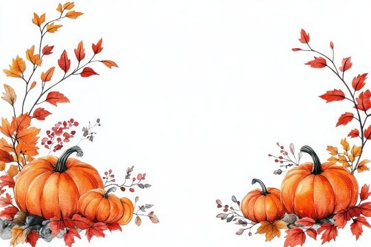 two clusters of orange pumpkins and autumn leaves framing a blank white center, warm cozy harvest and festive fall mood