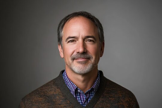 Studio head-and-shoulders portrait of an anonymous person with a pixelated face wearing a brown sweater over a blue checkered shirt, neutral expression and subdued lighting