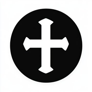 bold white cross with flared arms centered in a solid black circle on a white background, minimalist high-contrast emblem conveying a solemn and striking mood