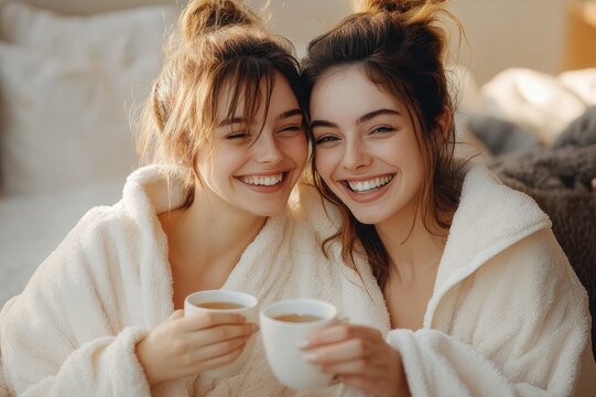 two women in white bathrobes with messy buns sharing warm mugs on a cozy sunlit bed, relaxed and peaceful morning together