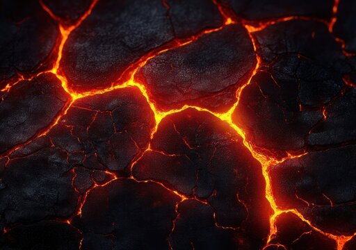 molten lava glowing through deep cracks in dark volcanic rock, intense heat and raw fiery power