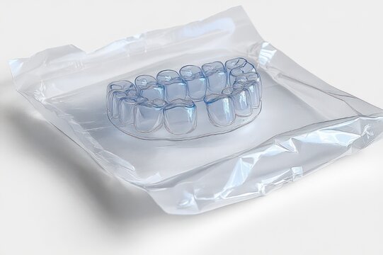 clear dental aligner placed inside a sealed transparent plastic pouch on a white surface, evoking a clean, clinical and sterile aesthetic