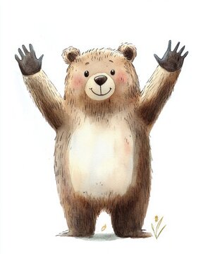 joyful watercolor illustration of a smiling brown bear with outstretched arms, rosy cheeks, dark paws and a small blade of grass on white background