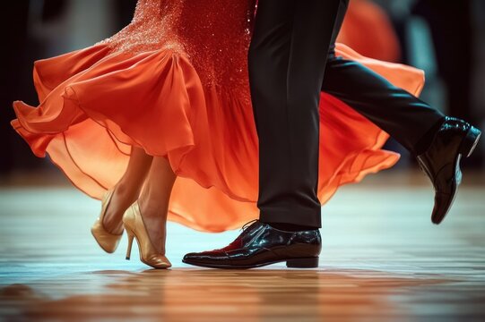 close-up of ballroom dancers feet and flowing red gown mid-twirl conveying elegance and passion